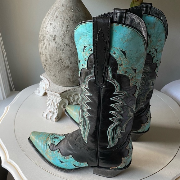 Dan Post Tia Snip Toe Leather Western Cowboy Boot US Womens‎ 8 Turquoise Black - Picture 4 of 13